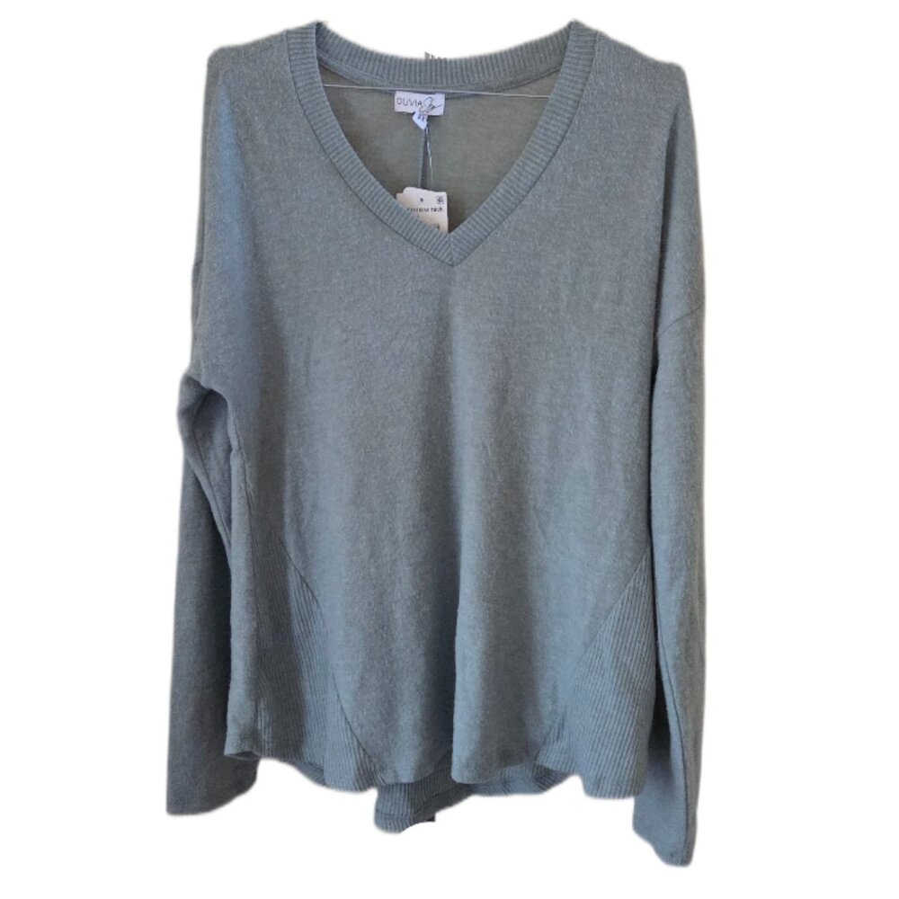 New Olivia Sky Sage Long Sleeve V-Neck Soft Sweater